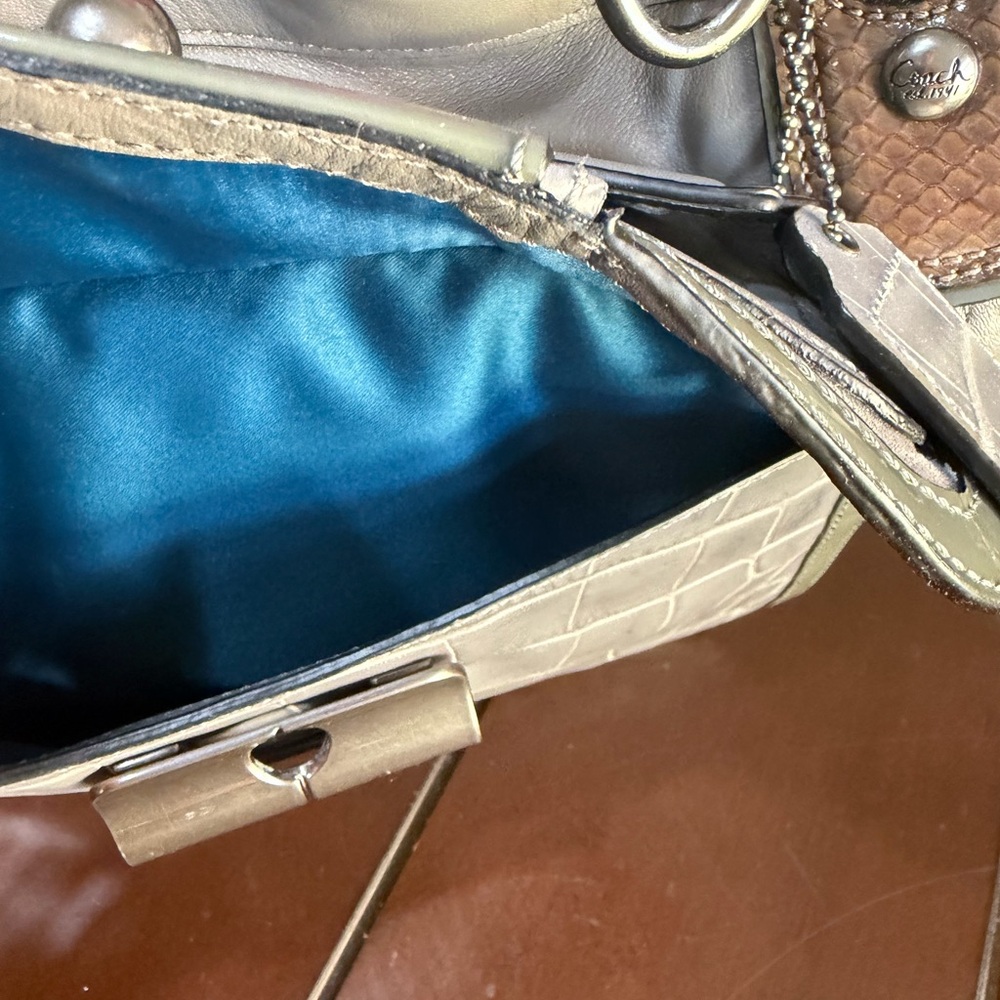 Coach Kristen Spectator Bag Expandable Grey Green Leather Zip Double Handle - Picture 8 of 16